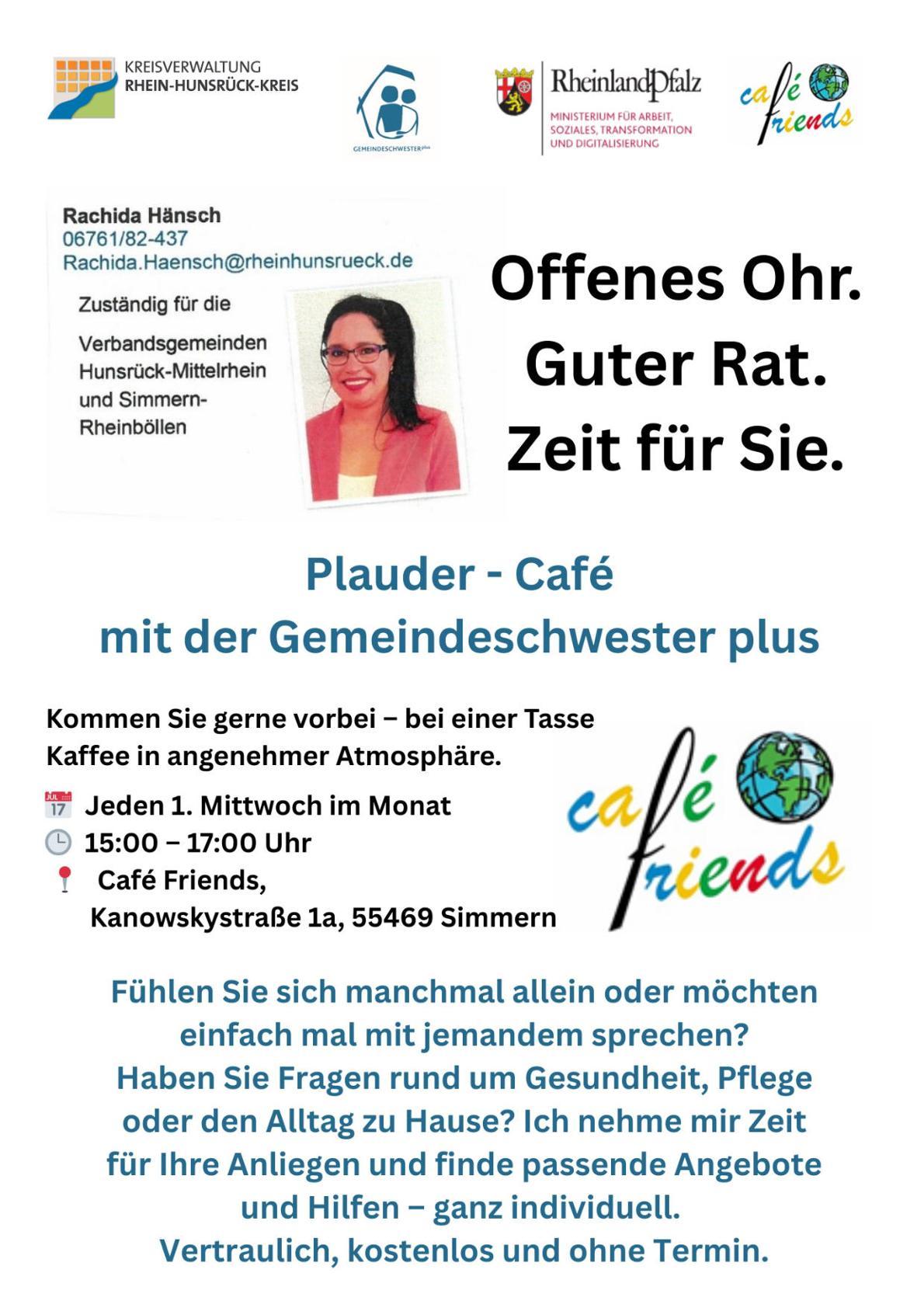 Sprechstunde-Plaudercafé mit der Gemeindeschwesterplus im Café Friends in Simmern am 2. September 2026