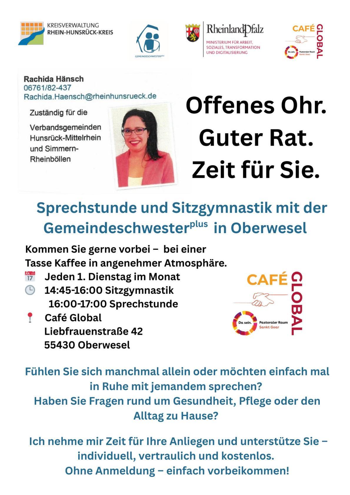 Sprechstunde und Bewegungsgymnastik mit der Gemeindeschwesterplus im Café Global Oberwesel am 1. September 2026